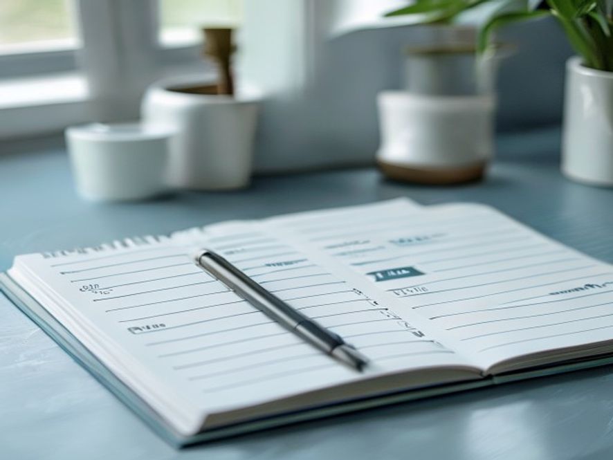 Open notebook with daily habit tracking calendar and pen