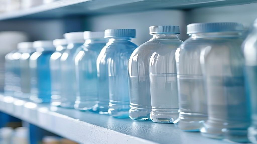 Row of water bottles in different colours lined up on a shelf